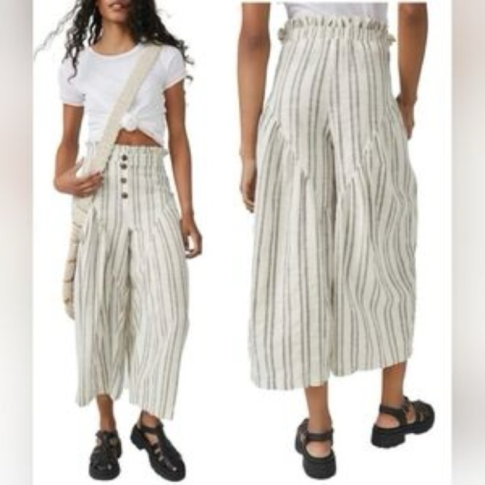Free People Striped Wide Leg Crop Pants in Cream and Black